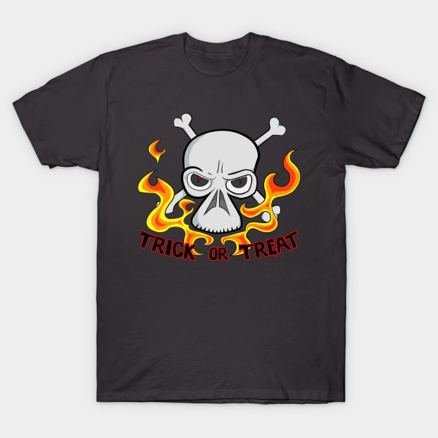 Trick or Treat Cartoon Horror Fiery Skull T-Shirt by Dad n Son Designs